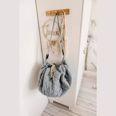 Sacco Portagiochi, Tappeto Gioco Imbottito e Borsa Cambio 3 in 1 in cotone - Blu polvere  