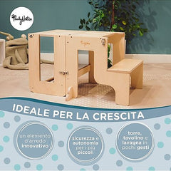 Torre Montessori 3 in 1 - Natural - Lavagna Magnetica e Convertibile in Tavolo+Sedia Family Nation