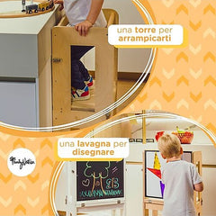 Torre Montessori 3 in 1 - Natural - Lavagna Magnetica e Convertibile in Tavolo+Sedia Family Nation